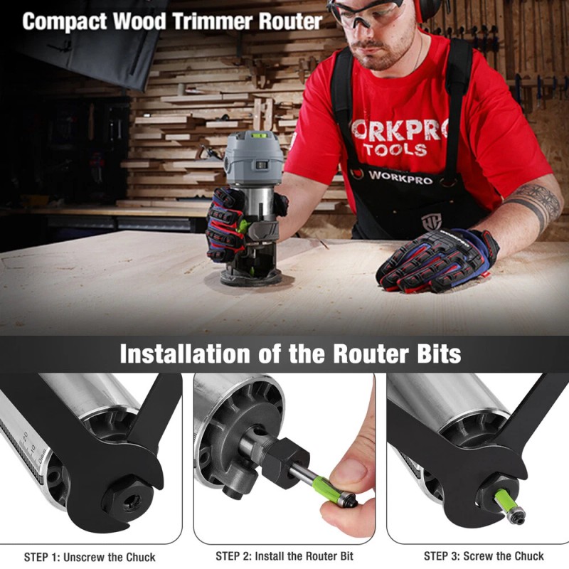 WORKPRO Compact Router Kit 6.5 Amp Corded Hand Trimmer Router