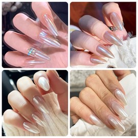 White Chrome Nail Powder Shimmer Clear Aurora Mirror Effect Ice Transparent Blue Nail Glitter Pigment Powder, Unicorn Pearl Nail Chrome Powder for Nails Gel Polish Design 0.5g