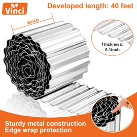 Vinci Garden Landscape Edging Border, 6 Inch x 40 FT Corrugated Sturdy Metal Easy Installation Safe Hemmed Lawn Garden Border Edges for DIY Flower Beds, Pathways and Patio Design (Silver)