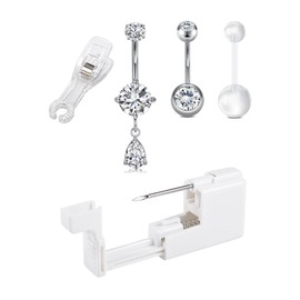 QWALIT Belly Button Piercing Kit Belly Piercing Kits Silver Belly Button Piercing Gun Self Belly Piercing Gun with Surgical Steel Dangle Belly Rings at Home