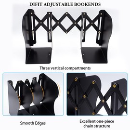 DIFIT Book Ends, Adjustable Bookends, Non-Skid Heavy Duty Book Ends for Shelves, Black Metal Bookends, Decorative Book End, Office Accessories for Library Home Classroom School Office