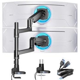 ARES WING Dual Monitor Stand for Ultrawide Heavy Duty Curved Monitor Stacking, Fits 17-49 Inch, Vertical Gas Spring Double Monitor Mount with USB, Adjustable Dual Monitor Mount for Desk, Black