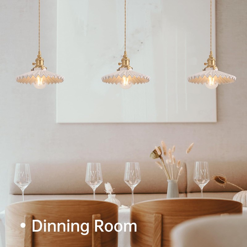 Shenmoyl Pendant Light with White Pleated Ceramic Lmapshade, Brass Vintage