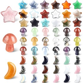 Nuenen 54 Pieces Worry Stones Mushroom Moon Star Shaped Crystal Bulks Mini Thumb Stones Sculpture Decor Gemstones and Crystals for Witchcraft DIY Meditation Balancing(Bright Style)