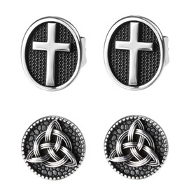 Punk Cross Earrings Studs for Men: 4PCS Womens Stainless Steel Viking Trinity Knot Piercing Ear Plug Jewelry Gifts, Stainless Steel, No Gemstone
