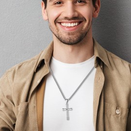 Flongo Cross Pendant Necklace Diamond Encrusted Stainless Steel Cross for Men and Women Minimalist Necklace Silver Black Birthday Gift Fashion Accessories, Stainless Steel, Diamond