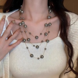 ALRNBY Long Silver Necklace for Women Layered Pearl Flower Beaded Necklace for Women Gold Pearl Beaded Dainty Boho Vintage Chain Necklace Y2k Jewelry Sunmmer Vacation Jewelry Gift Trendy