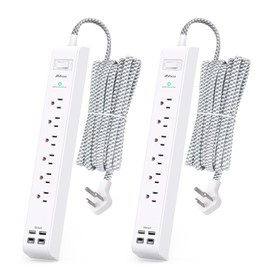Paquete de 2 Cables de Extensión de 10 pies Regleta de Enchufes - Protector de Sobretensiones con 6 Tomas 4 Puertos de Carga USB, Enchufe Plano, Protección contra Sobrecarga, Montaje en Pared para
