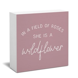 STHTTSW Girls Room Nursery Decor - Wildflower Inspirational Pink Woodne Sign,Baby Shower Party Decoration Shelf Wall Decor,In a Field of Roses She is a Wildflower Gifts for Little Toddler Girls 5x5