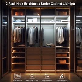 BSGlobal 2 Pack 9.8ft Battery Powered LED Strip Lights, High Brightness LED Strip Lights 90 LED, Under Cabinet Lighting for Kitchen Closet Shelves (Warm White)