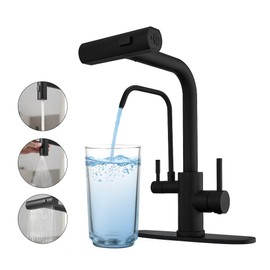 Black Kitchen Faucets with Water Filter and Pull Down Sprayer,Waterfall Kitchen Sink Faucet,Two Handle Sink Faucet with Pull Down Sprayer for 3 Function,Faucets Without Water Filtration Device