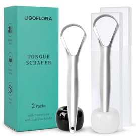 Raspador de lengua para adultos con 2 soportes de cerámica y 2 estuches de viaje – Paquete de 2 raspadores de lengua de acero inoxidable para limpiar la lengua y reducir el mal aliento,