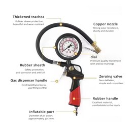 xinyee Tire Inflator with Pressure Gauge Mechanical Pointer Tire Pressure Gauge with Hose 0-15bar/0-220psi Copper Nozzle Strong Wear Resistance Easy to Use for Car Truck Motorcycle Bike