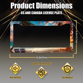 Beach Palm Tree License Plate Frame Sunset License Plate Stainless Steel Hawaiian Funny Accessory Cars Decor for Men Women 12.2 X 6.2 Inch with 2 Holes and Screws Fits Standard Us Ca Vehicles