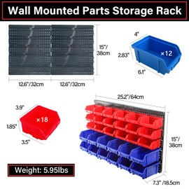 Socpuro Wall Mounted Storage Bins Parts Rack, 30Pcs Bins Plastic Parts Rack Container, 5-Tier Stackable Garage Shop Tool Storage Rack for Nuts Bolts Screws Nails