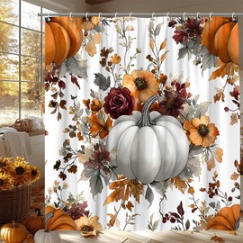 HWSSHW Boho Pumpkin Shower Curtain Fall Watercolor Floral Leaves Autumn Thanksgiving Harvest Rustic Farmhouse Seasonal Fabric Bathroom Decor Bath Curtain with Hooks