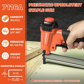 EASEWORK Pneumatic Staple Gun, 22 Gauge Upholstery Staple Gun for 3/8" Crown, 1/4"-5/8" Length Staples, Air Stapler with Ultra-Low Jamming Rate for Upholstery, Woodworking, Fabric, and DIY, 7116A