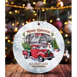 Merry Christmas Ornament 2024 City Ornament Big Bear Lake California Ornaments Xmas Tree Decoration for Home Holiday Party Deco Gift Family Friends Presents Ideas Rustic MDF Plastic 3"