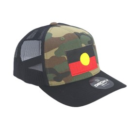 Camouflage Trucker Cap with Australian Aboriginal Flag, Black Mesh Backing