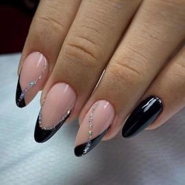 MISUD Press on Nails Medium Almond Fake Nails Glossy Glue on Nails Black French Tip Acrylic Nails Stiletto Artificial Nails Bling Glitter Stick on False Nails with Design 24 pcs