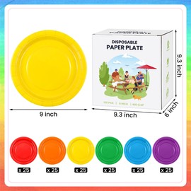 Kochorie 150 Pieces Rainbow Disposable Paper Plates 9 Inch Heavy Duty Dinner Plates, Solid Color, Table Decorations Party Supplies for Birthdays, Weddings, Daily Use