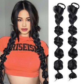 RUSTAMM Bubble Ponytail Wig Synthetic Braided Extensions with Hair Ties Hair Band Hairpieces for Women Girls DIY Daily Wear Hair Accessories (black)