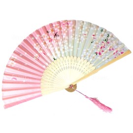 Pink with Butterflies Floral Patterned Hand Fans, Vintage Silk and Japanese Lace Designs with Bamboo Frames, Handheld Folding Fans Perfect for Weddings, Parties and Church Events