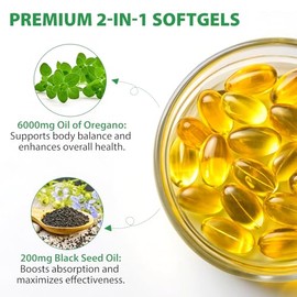 ISUNRISE Cápsulas Blandas De Aceite De Orégano, 2 En 1, 6000 Mg De Aceite De Orégano Con Aceite De Semilla Negra, 200 Mg, Extracto De Aceite De Orégan