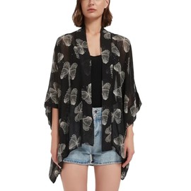 Women's Boho Floral Print Kimono Bikini Cover Up Sheer Chiffon Loose Cardigan Blouse Wrap