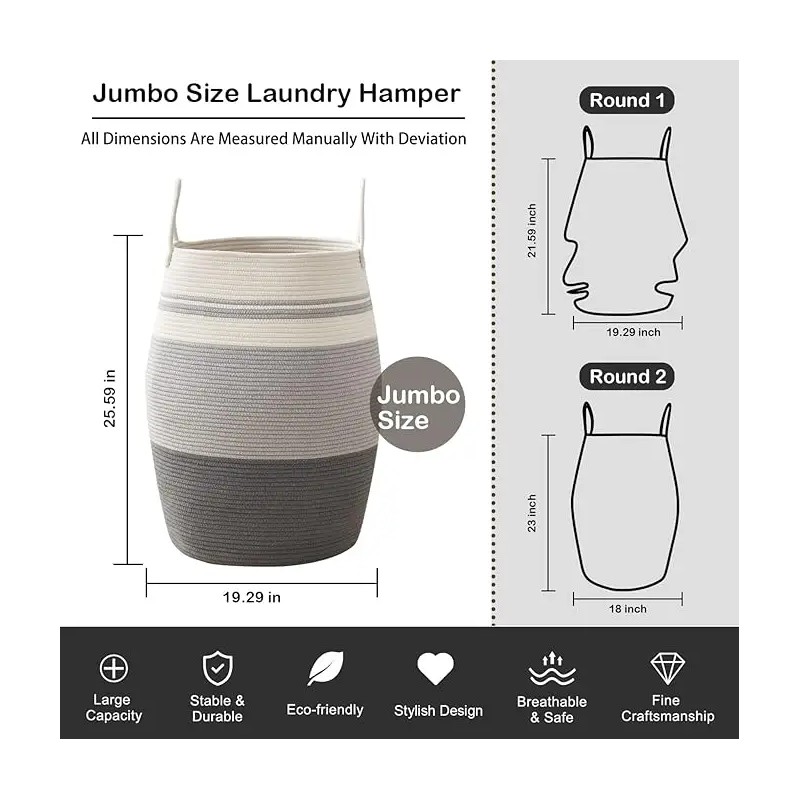 OIAHOMY Laundry Hamper Woven Cotton Rope Large Clothes Hamper 25.6"