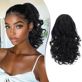RUWISS 13 Inch Drawstring Wavy Curly Ponytail Extension - Short Ponytail Hair Extension for Women, Synthetic Natural Look Hairpiece for Daily Use (Natural Black)