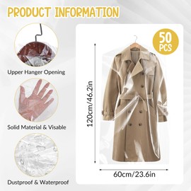 GGSTDDUP 50 Pcs Dry Cleaning Bag, 60 x 120 cm Clear Garment Bags Plastic Garment Bags for Clothes Storage for Skirt Coat Suit Shirt Jacket