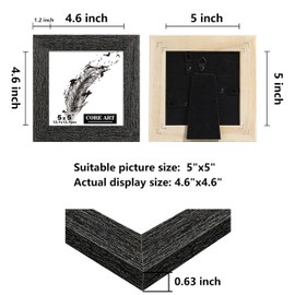 CORE ART 5x5 Picture Frame, Handmade Wood Rustic Black Photo Frame, High Definition Semi-tempered Glass Wall or Tabletop Display
