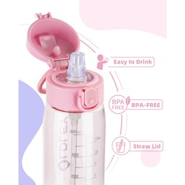 OLDLEY Kids Water Bottles with Straw 420ml/14oz BPA Free Tritan Water Bottle with Handle Leakproof Time Marker School Sports Drinking Bottle for Toddler Boys Girls (Pink)