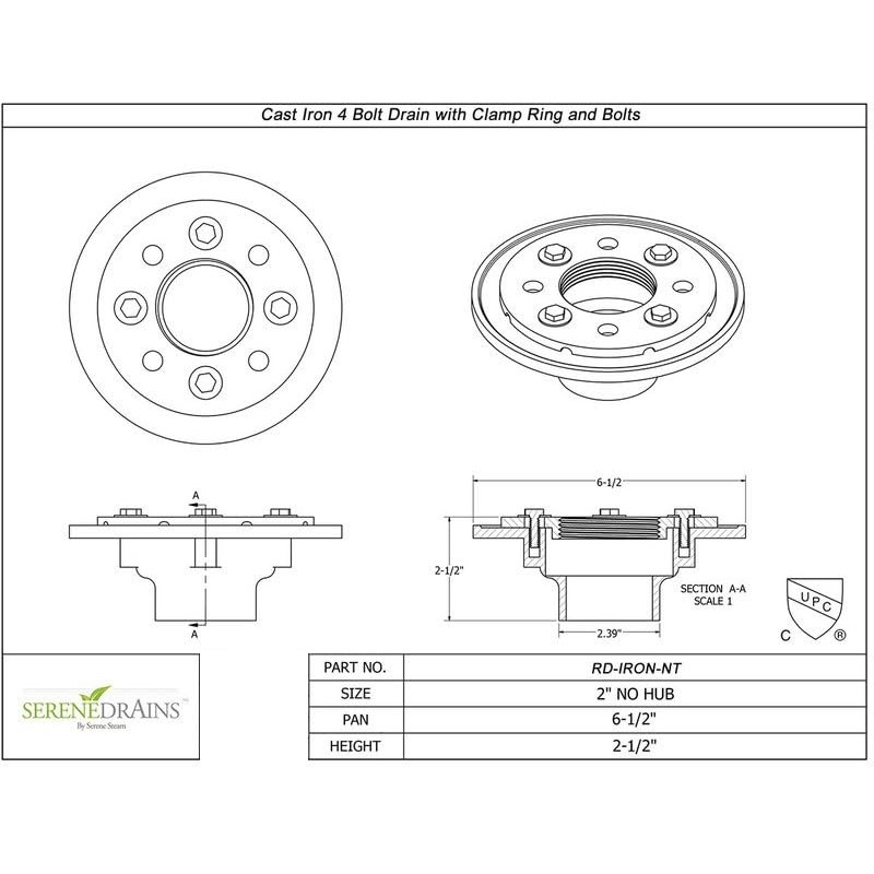 SereneDrains 2 Inch Cast Iron Shower Drain Base for Linear