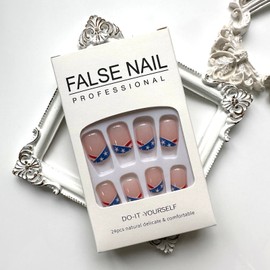 French Tip Press on Nails with Designs, 4th of July Patriotic Short Coffin Shape Fake Nails Independence Day False Nail American Flag Short Glue on Nails Full Cover Square Acrylic Nails for Women