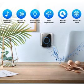 Lostrain Timbre Inalámbrico Impermeable, Timbre de Puerta 1 Transmisor y 2 Receptor con 60 Melodías 5 Niveles de Volumen Modo de Silencio, 300m de Alcance LED Indicador para Casa, Oficinas, Hoteles