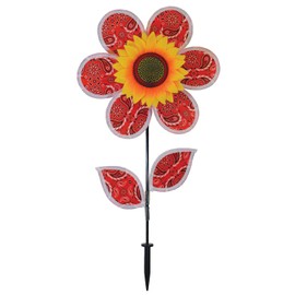 In the Breeze 2662 — 12-inch Paisley Sunflower Wind Spinner with Leaves — Colorful Flower for Yard and Garden