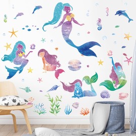SHUCHING Mermaid Wall Sticker Peel and Stick, Under The Sea Mermaid Silhouette Wall Decal for Girls, Removable Vinyl Wall Decor Art Home Decoration for Living Room Bedroom Nursery Playroom