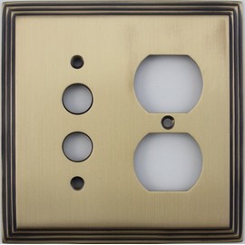 Deco Step Style Antique Brass 2 Gang Switch Plate - 1 Push Button Light Switch Opening One Duplex Outlet Opening