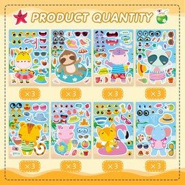 24 Sheets Summer Stickers for Kids Toddlers, Make-a-face Stickers for Kids Classroom Make Your Own Animal Mix & Match Sticker, Pool Beach Luau Hawaii Sticker, Summer Holiday Party Favors