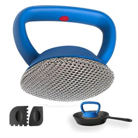 MEIXINZHI Cast Iron Scrubber, Cast Iron Skillet Cleaner+2 Pan Grill Scrapers Chain Mail to Clean Cast Iron Chain Mail Scrubber Cast Iron Chainmail Scrubber for Cast Iron Skillet (Blue)