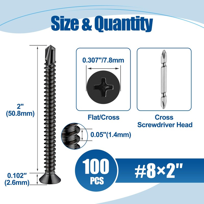 ANCHOREASE #8×2″ Sheet Metal Screws 100Pcs, 410 Stainless Steel Black