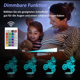 Motorcycle Night Light for Children, 3D Lamp Optical LED Illusion Night Light, Remote Control, 16 Colour Changing, Dimmable, Christmas Gifts for Girls, Boys, Living Room, Bedroom