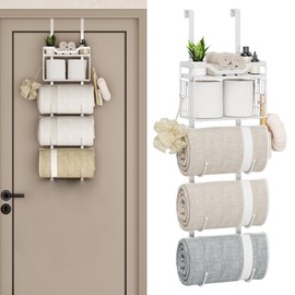 Over The Door Towel Racks for Bathroom, 5 Tier Towel Rack Wall Mounted with Wire Basket Floating Shelf, Rolled Towel Storage Holder Organizer for Small Bathroom/Camper/Rv, White