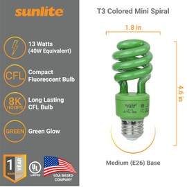 Sunlite 41418-SU CFL Spiral Colored Bulb, 13 Watt (40W Equivalent), Medium Base (E26), 8,000 Hour Life Span, UL Listed, Green 6 Pack