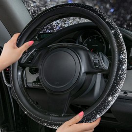 CAR PASS Bling Diamond Leather Steering Wheel Cover, Bling Sparkly Crystal Glitter Rhinestones Universal Fit 14" 1/2-15" Car Wheel Protector for Women Girl Fit Suvs,Vans,Sedans,Trucks, Black Silver