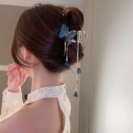 Jumwrit Big Gold Metal Hair Claw Clip Boho Butterfly Hair Jaw Clip Strong Hold Rhinestone Long Tassel Hair Clamp Shiny Crystal Hair Barrette Fashion Hair Styling Accessories for Women Girls