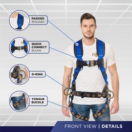 Palmer Safety Hammerhead 5pt Safety Harness w/ 6' Double Legs Rebar Hook Safety Lanyard & D-Ring Extender (Blue DLK - LG)