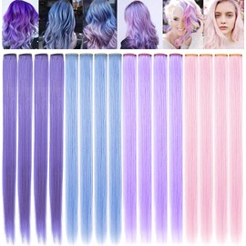 FAIRY COLOR 16 PCS Princess Colored Extensions Multi-Colors Party Highlights Streak Synthetic Hairpieces Clip-In/Clip On Colored Hair Extensions (lavender+light blue+light purple+light pink)